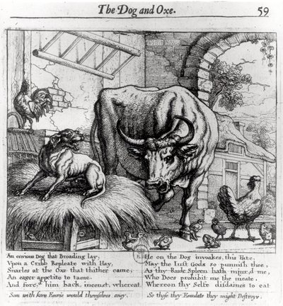 「犬と牛」のイラスト、イソップ寓話、1666年 作： Francis Barlow